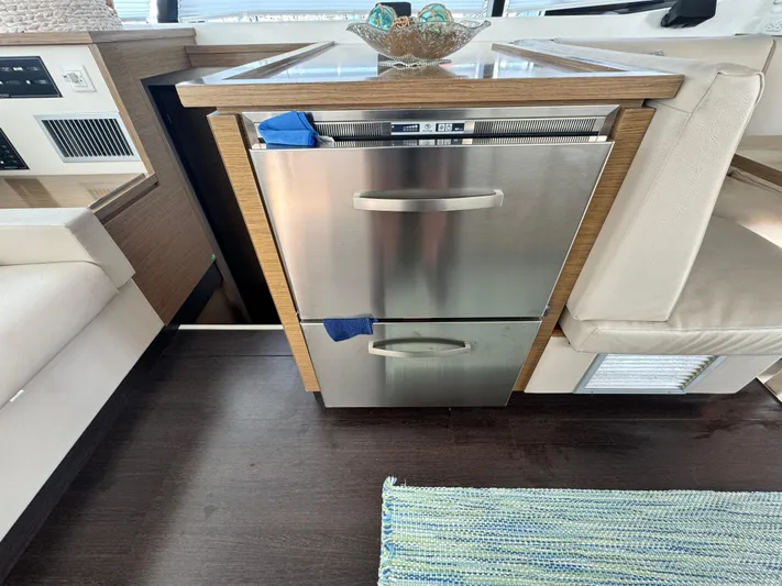 King's Ransom Yacht Photos Pics 2017 Fountaine Pajot MY 37 yacht interior with stainless steel drawers and modern design.