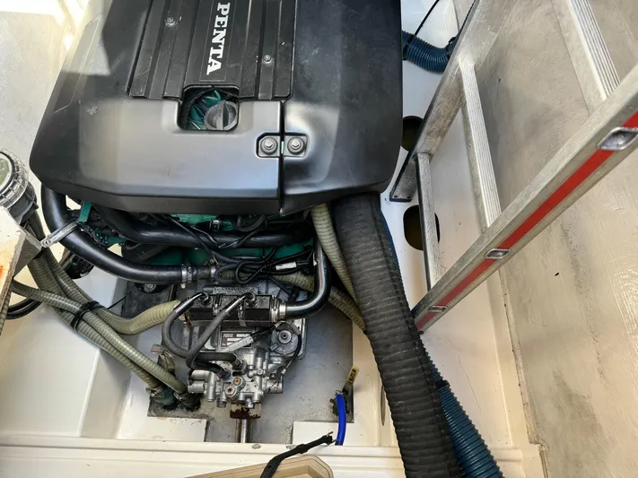 King's Ransom Yacht Photos Pics Engine compartment of 2017 Fountaine Pajot MY 37 with Volvo Penta engine.