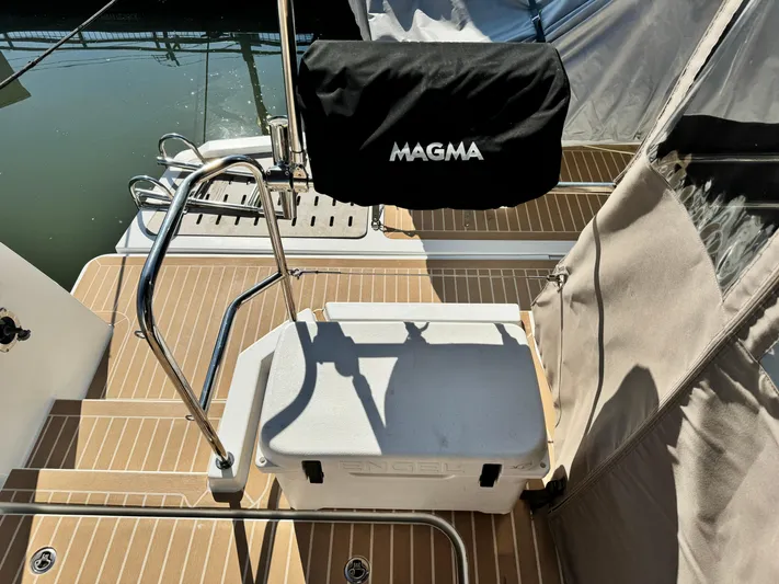 King's Ransom Yacht Photos Pics Fountaine Pajot MY 37 yacht deck with Magma grill and cooler, 2017 model.