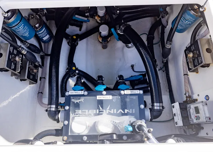  Yacht Photos Pics Engine compartment of 2025 Invincible 36 Open Fisherman with visible hoses and components.
