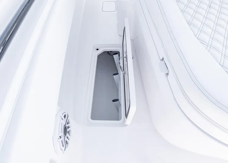  Yacht Photos Pics Open storage compartment on 2025 Invincible 36 Open Fisherman boat interior.