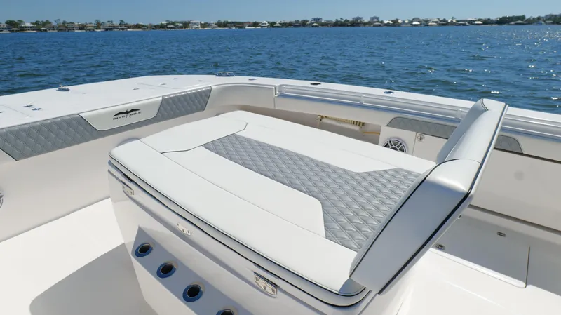 Engine Warranty X Trailer Yacht Photos Pics Invincible 37 Catamaran 2020 model, featuring luxurious seating on a calm ocean backdrop.