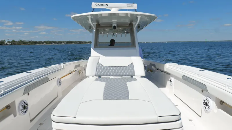 Engine Warranty X Trailer Yacht Photos Pics 2020 Invincible 37 Catamaran on water, featuring spacious deck and modern design.