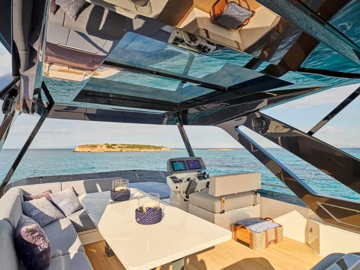 Never Give Up Yacht Photos Pics Luxurious 2022 Ferretti Yachts 72 Flybridge Motor yacht with elegant interior and ocean view.