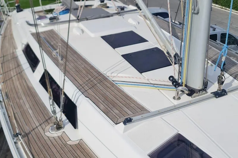  Yacht Photos Pics Deck view of 2010 Hanse 400e sailboat with wooden finish and rigging details.