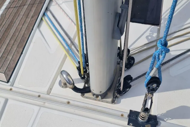  Yacht Photos Pics Deck rigging of a 2010 Hanse 400e sailboat with ropes and pulleys.