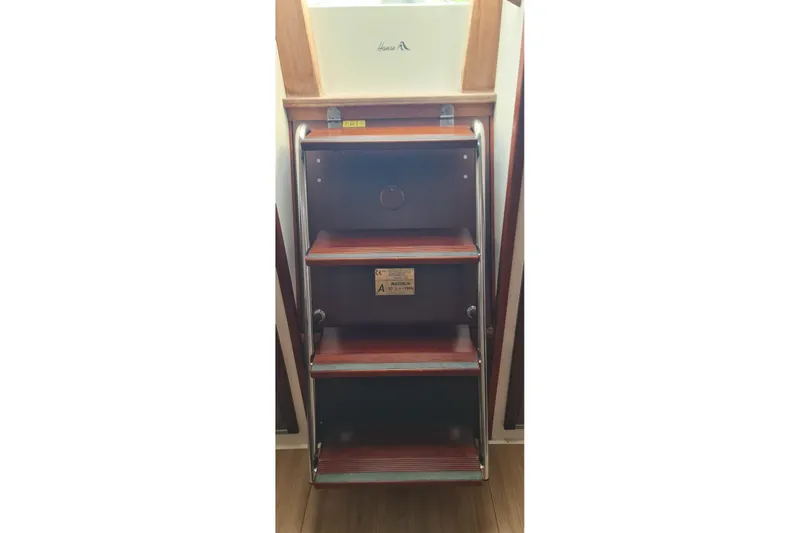  Yacht Photos Pics Staircase inside 2010 Hanse 400e yacht with wooden steps and metal frame.