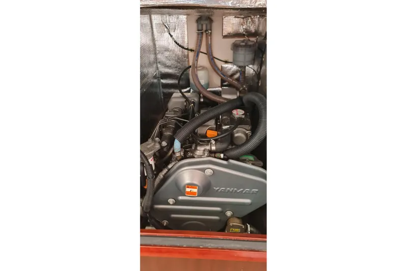  Yacht Photos Pics Engine compartment of a 2010 Hanse 400e sailboat, featuring a Yanmar engine.