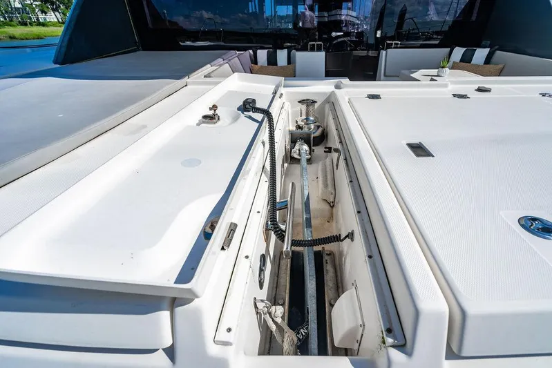 Scooby Yacht Photos Pics Anchor compartment of a 2022 Leopard 50 yacht, showcasing modern design and functionality.