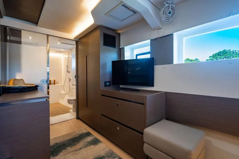 Scooby Yacht Photos Pics Luxurious interior of 2022 Leopard 50 yacht with modern amenities and sleek design.