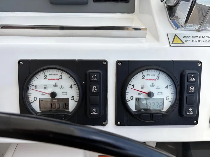 Scooby Yacht Photos Pics Control panel of a 2022 Leopard 50 yacht with Yanmar engine gauges.