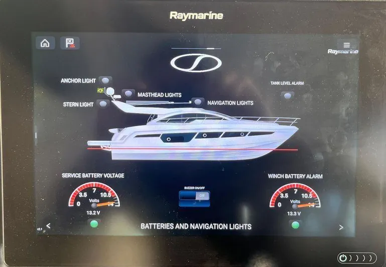 510 Schaefer Yacht Photos Pics Raymarine display showing Schaefer 510 yacht's navigation and battery status, 2019 model.
