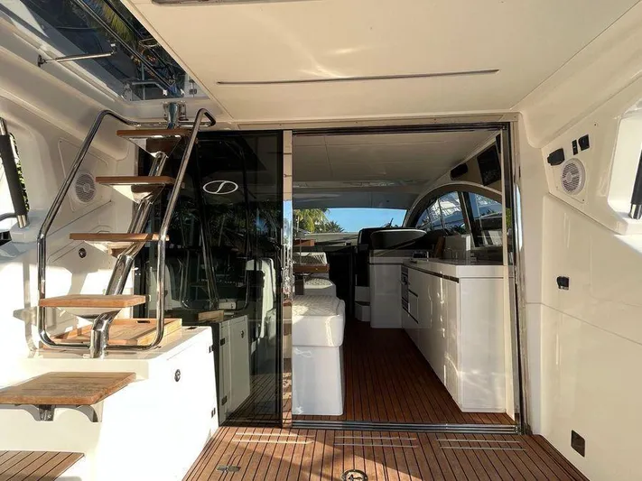 510 Schaefer Yacht Photos Pics Interior view of 2019 Schaefer 510 yacht with wooden flooring and modern design.
