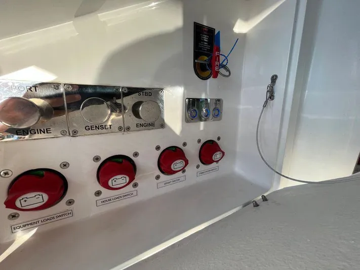 510 Schaefer Yacht Photos Pics Control panel of a 2019 Schaefer 510 yacht with switches and labels.
