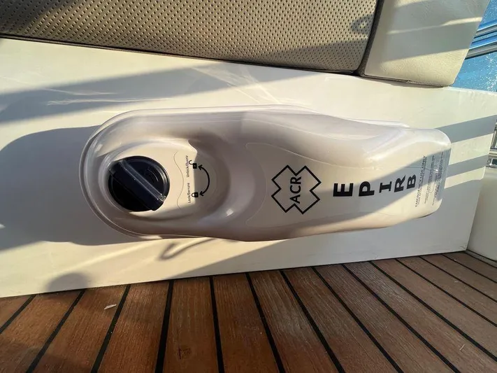 510 Schaefer Yacht Photos Pics EPIRB device on Schaefer 510 yacht, 2019 model, mounted on wooden deck.