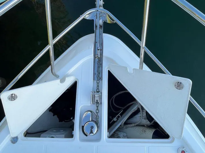 510 Schaefer Yacht Photos Pics Bow of 2019 Schaefer 510 yacht with open anchor compartments and chain.