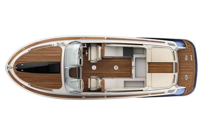  Yacht Photos Pics Manufacturer Provided Image: Top view of a 2019 Chris-Craft Corsair 30 boat with wooden deck and seating.