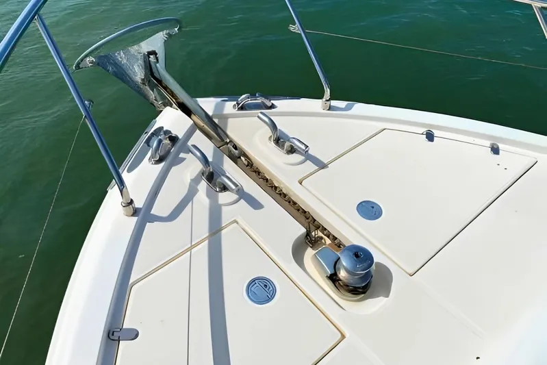  Yacht Photos Pics Bow of 2005 Ferretti Yachts 550 with anchor and deck details.