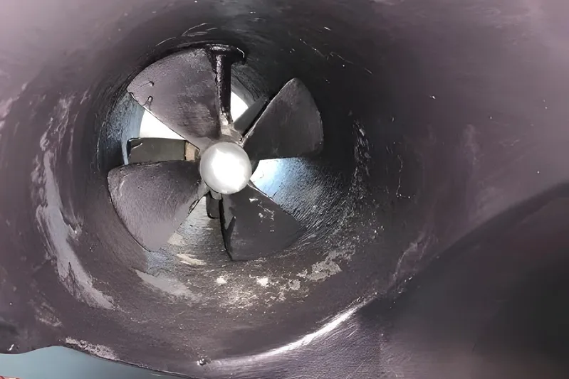  Yacht Photos Pics Close-up of a 2005 Ferretti Yachts 550 propeller inside a tunnel thruster.