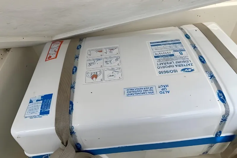  Yacht Photos Pics Securely strapped equipment on a 2005 Ferretti Yachts 550, featuring instructional labels.