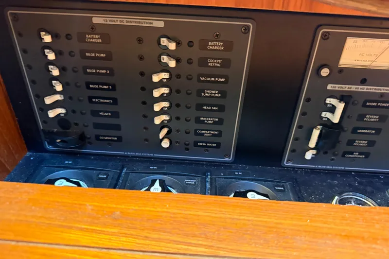  Yacht Photos Pics Control panel of a 2012 Tiara Yachts 3100 Coronet with various switches and gauges.