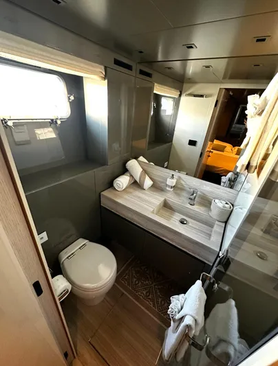 Saam II Yacht Photos Pics Luxurious bathroom in 2024 Sanlorenzo SL96 yacht, featuring modern fixtures and elegant design.