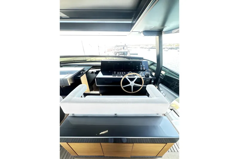 Saam II Yacht Photos Pics Modern helm of 2024 Sanlorenzo SL96 yacht with sleek design and advanced controls.