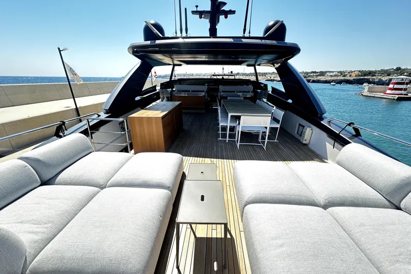 Saam II Yacht Photos Pics Luxurious 2024 Sanlorenzo SL96 yacht deck with elegant seating and ocean view.