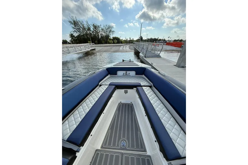  Yacht Photos Pics RIB CVL Colt 35 boat interior, 2018 model, docked with blue and white seating.