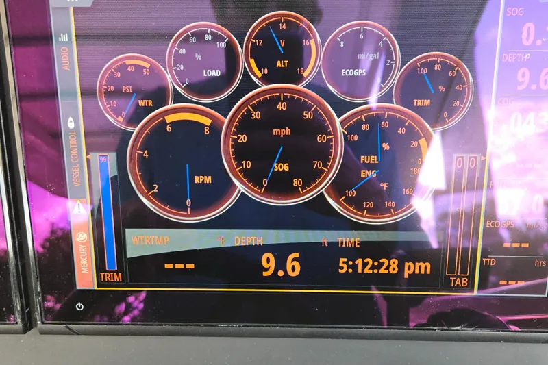  Yacht Photos Pics Dashboard of a 2020 Nimbus Weekender 9 boat showing speed, RPM, and fuel gauges.