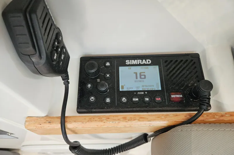  Yacht Photos Pics Simrad marine radio on Nimbus Weekender 9, 2020 model, displaying channel 16.