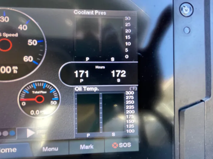  Yacht Photos Pics Dashboard of 2021 Cobalt 30SC Outboard showing engine hours and oil temperature.