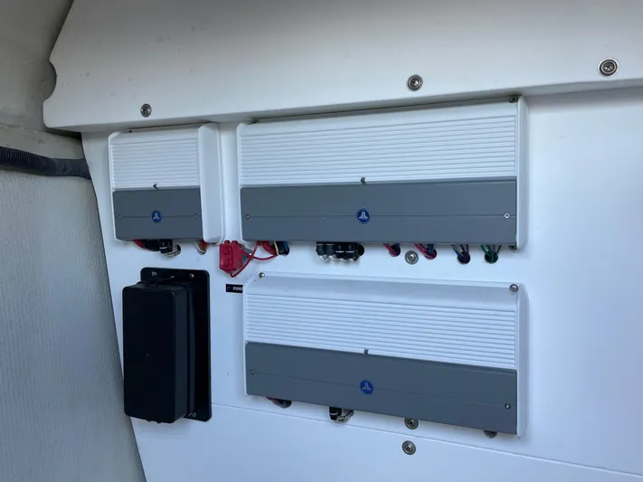  Yacht Photos Pics Electrical panel of 2021 Cobalt 30SC Outboard boat with multiple components.