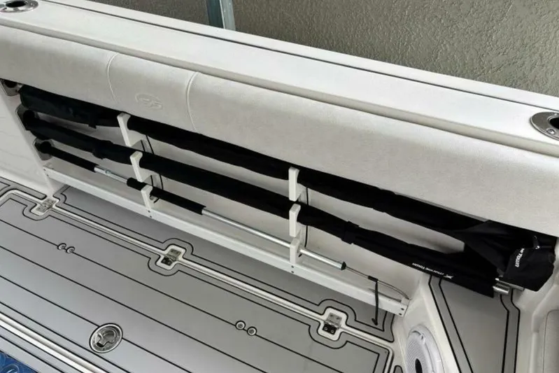  Yacht Photos Pics 2021 Sea Fox 288 Commander boat interior with rod storage and sleek flooring design.