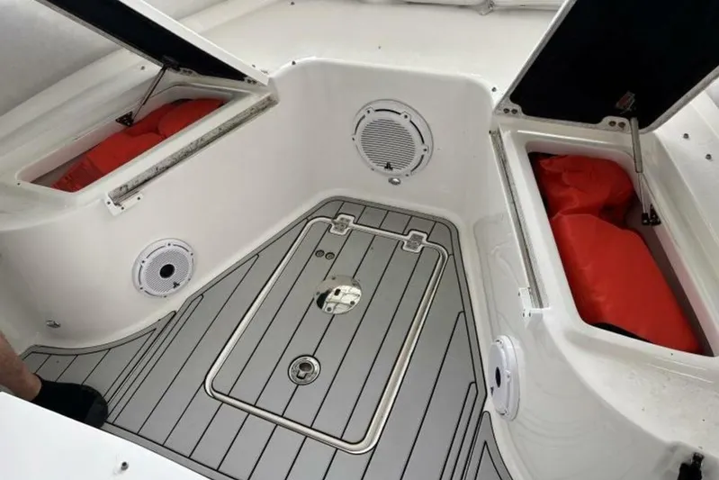  Yacht Photos Pics 2021 Sea Fox 288 Commander boat interior with storage compartments and speakers.