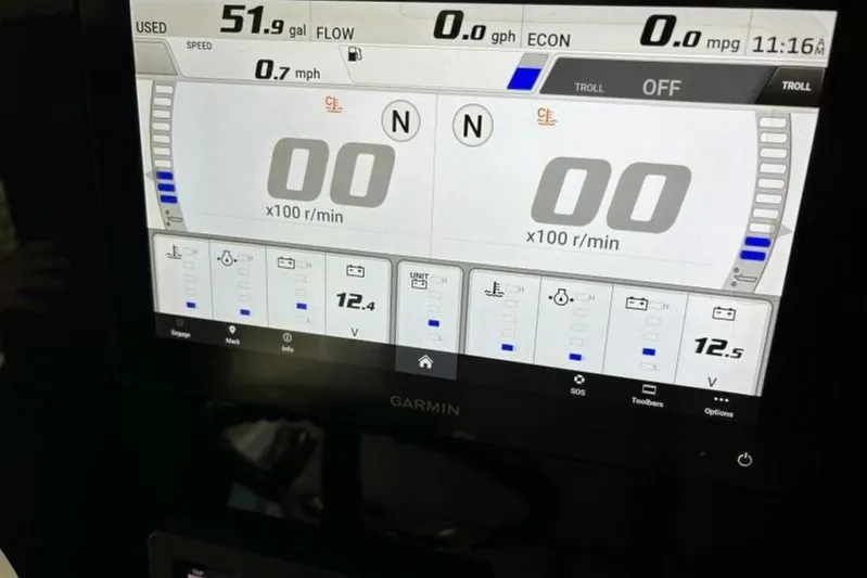  Yacht Photos Pics Display screen of a 2021 Sea Fox 288 Commander showing fuel and speed metrics.
