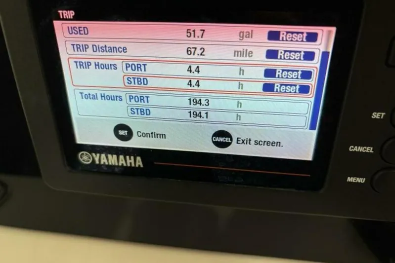  Yacht Photos Pics Yamaha display showing trip data on a 2021 Sea Fox 288 Commander boat.