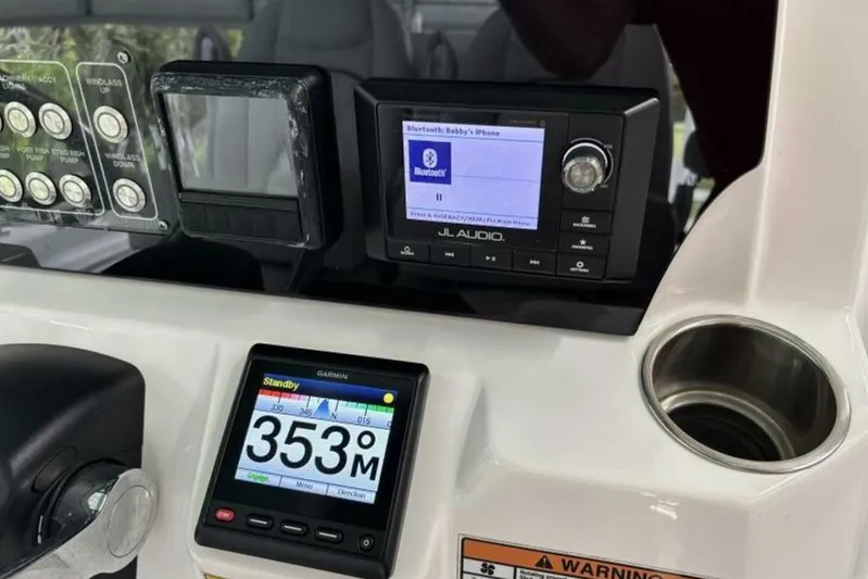  Yacht Photos Pics Dashboard of 2021 Sea Fox 288 Commander with JL Audio and Garmin displays.