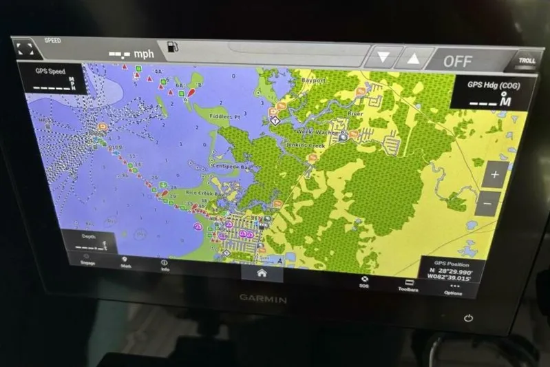  Yacht Photos Pics Garmin GPS display on 2021 Sea Fox 288 Commander showing detailed marine navigation map.