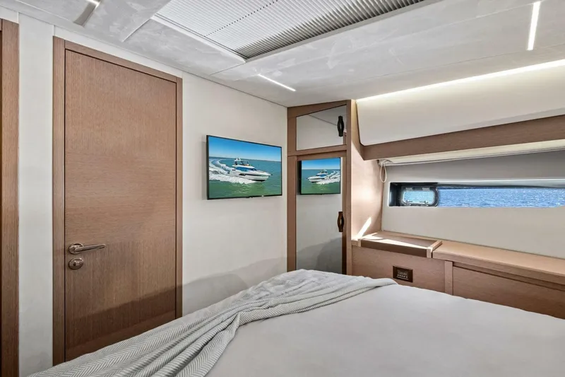 No Patience Yacht Photos Pics Luxurious interior of 2022 Prestige 520 yacht with modern decor and ocean view.