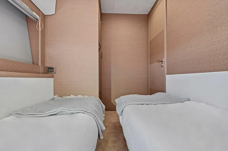 No Patience Yacht Photos Pics Interior of 2022 Prestige 520 yacht with twin beds and modern design.