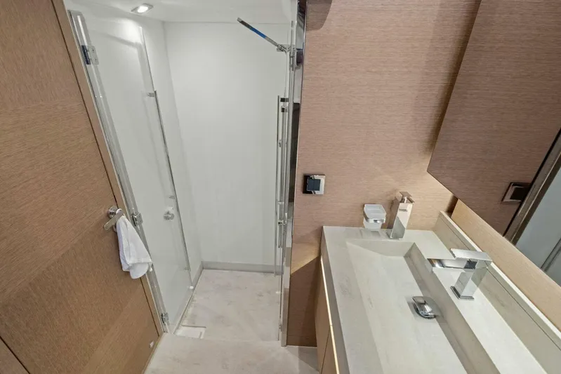 No Patience Yacht Photos Pics Luxurious bathroom in 2022 Prestige 520 yacht with modern fixtures and elegant design.