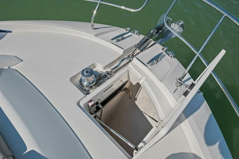 No Patience Yacht Photos Pics Bow of 2022 Prestige 520 yacht with anchor locker and winch system.