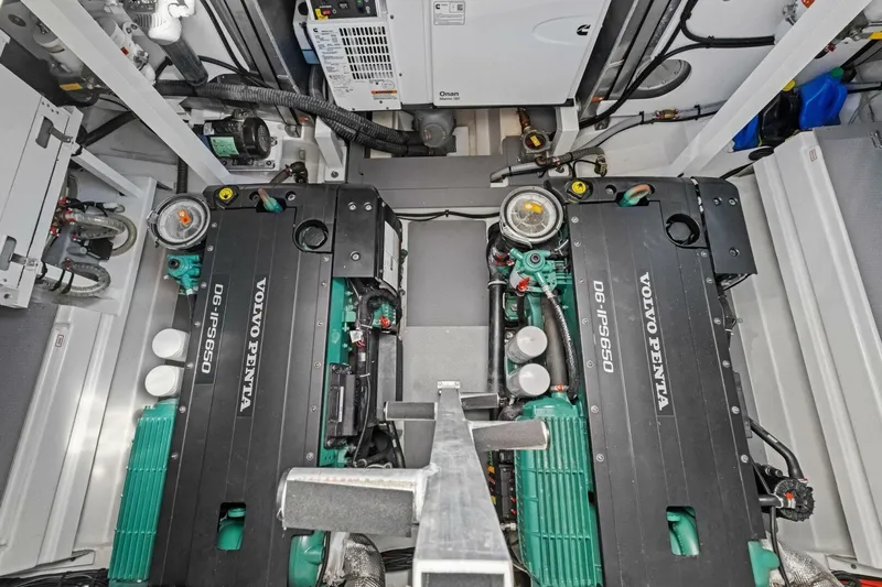 No Patience Yacht Photos Pics Engine room of 2022 Prestige 520 yacht with Volvo Penta D6-IPS650 engines.
