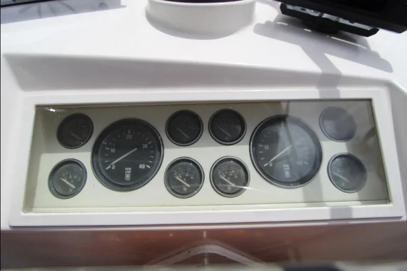  Yacht Photos Pics Dashboard gauges of a 1989 Grand Banks Classic boat.