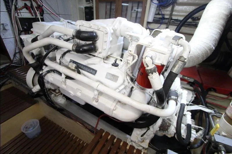  Yacht Photos Pics Engine room of 1989 Grand Banks Classic with Caterpillar engine.