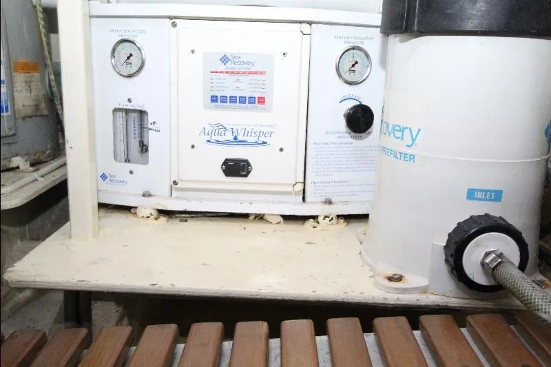  Yacht Photos Pics Water filtration system on a 1989 Grand Banks Classic yacht, featuring Sea Recovery Aqua Whisper.