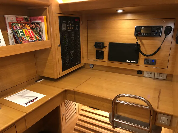 Pneumatic Yacht Photos Pics ```json{  "alt_text": "Outbound 56 yacht interior with navigation equipment and books, 2020 model."}```