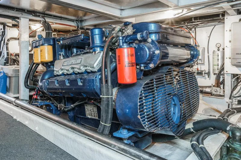 Shady Lady Yacht Photos Pics Engine room of a 1995 Navigator Classic yacht with Caterpillar engine.