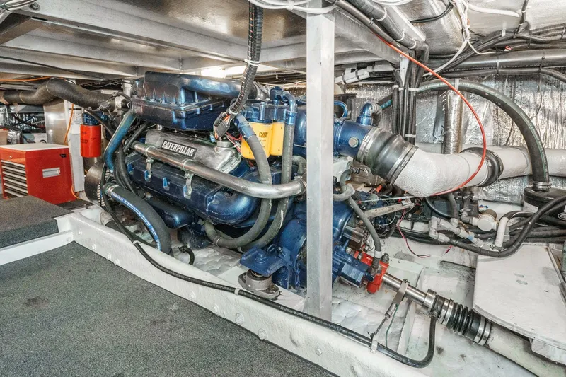 Shady Lady Yacht Photos Pics Engine room of a 1995 Navigator Classic yacht with Caterpillar engine.